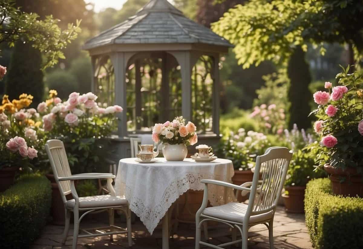 A charming garden setting with blooming flowers, a quaint gazebo, and elegant outdoor furniture arranged for a sophisticated tea party for adults