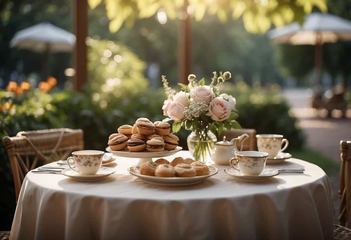 A table set with elegant teacups, a variety of pastries, and a vase of fresh flowers. A canopy provides shade over the table, surrounded by lush greenery and decorative lanterns