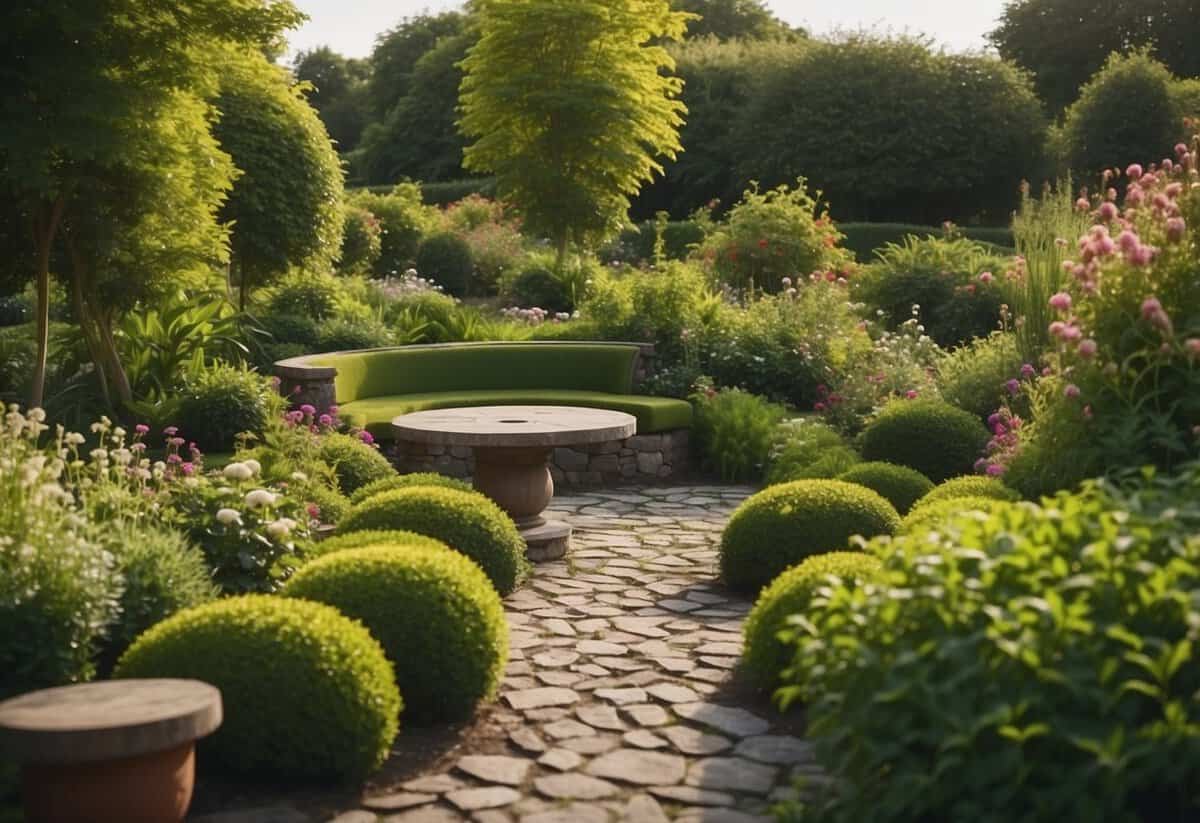 Lush green garden with blooming flowers, neatly trimmed hedges, and a winding stone path. A small vegetable patch and a cozy seating area complete the tranquil space