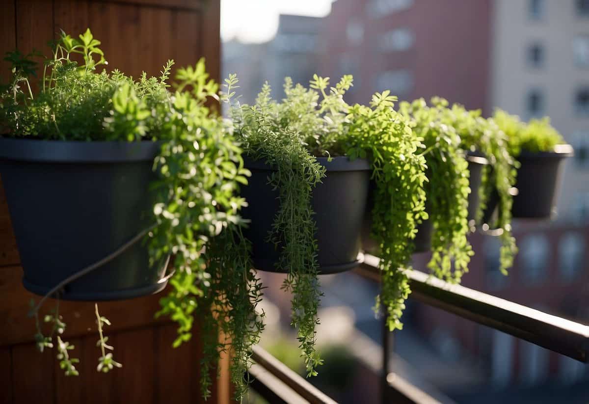 Lush green herbs cascade from recycled containers, suspended by ropes in a cozy urban balcony