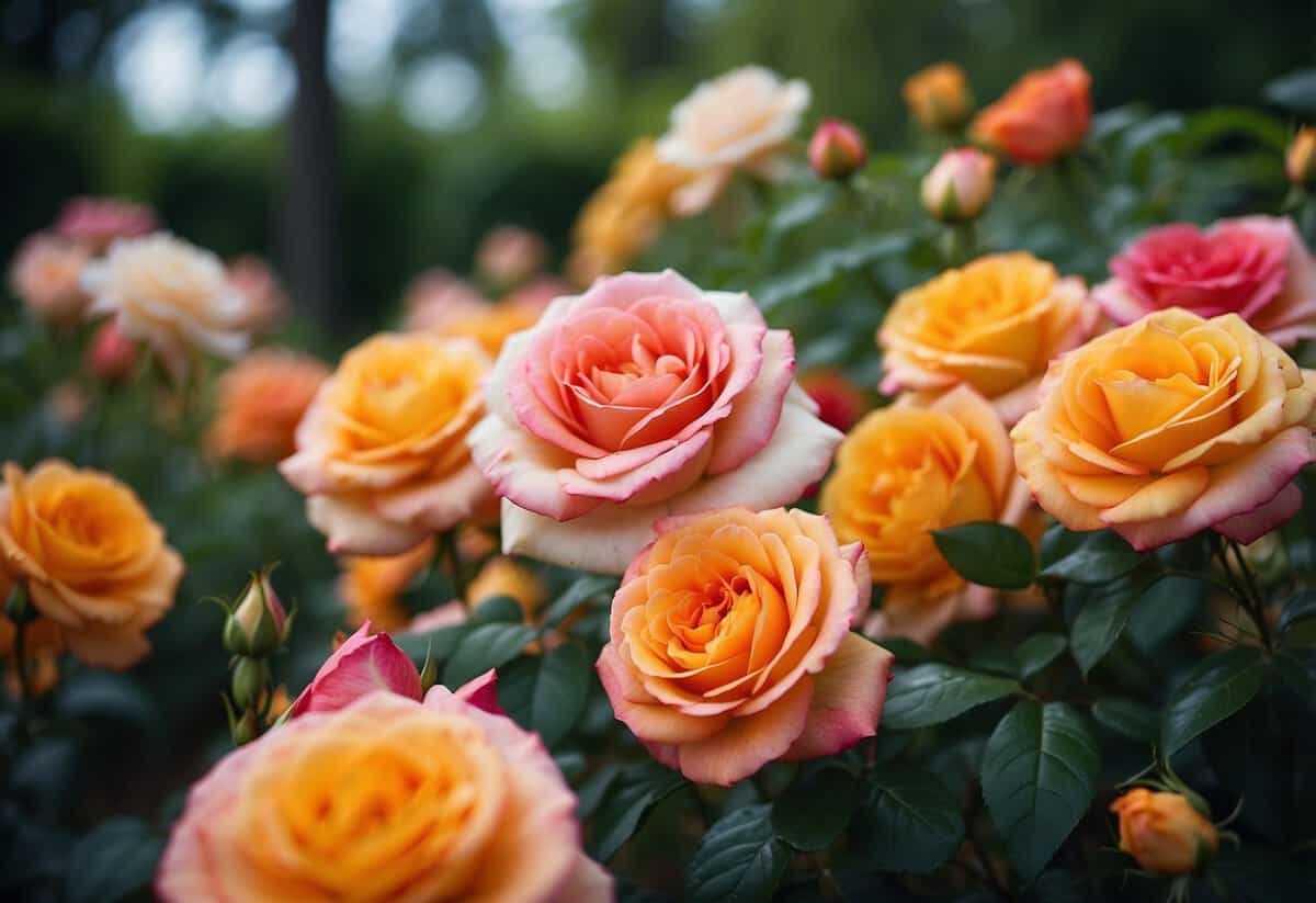 A vibrant array of Floribunda roses bloom in a lush garden, with a variety of colors and sizes creating a visually stunning display