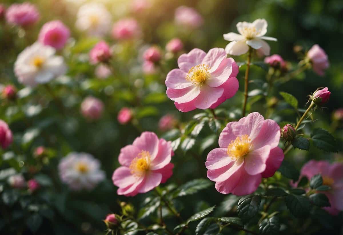 A lush garden filled with various wild rose varieties in full bloom, with vibrant colors and delicate petals creating a stunning display of natural beauty