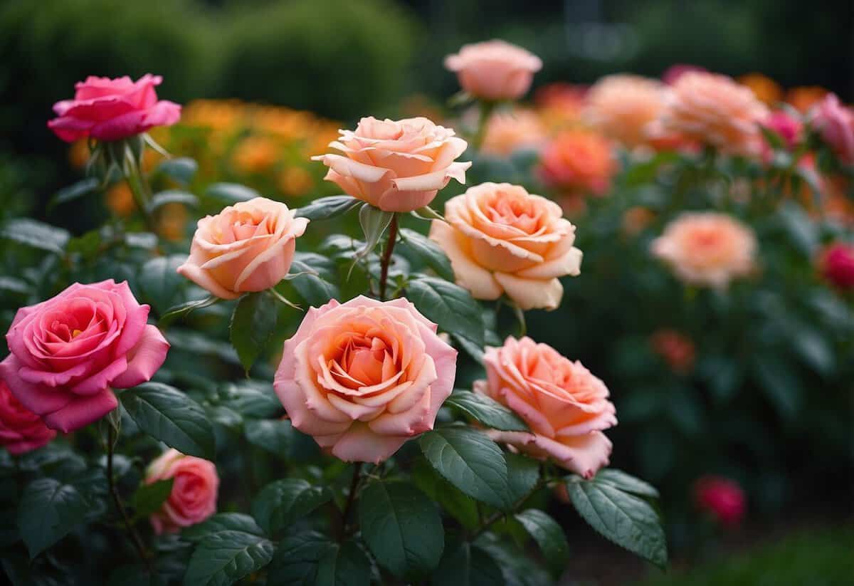 A vibrant array of patio roses in full bloom, surrounded by lush greenery and delicate landscaping, creating a picturesque and inviting rose garden setting