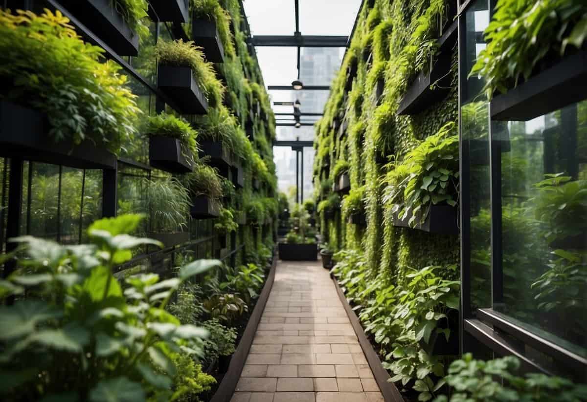 Lush green plants cascade down vertical garden structures in a square garden, creating a vibrant and space-saving vegetable garden