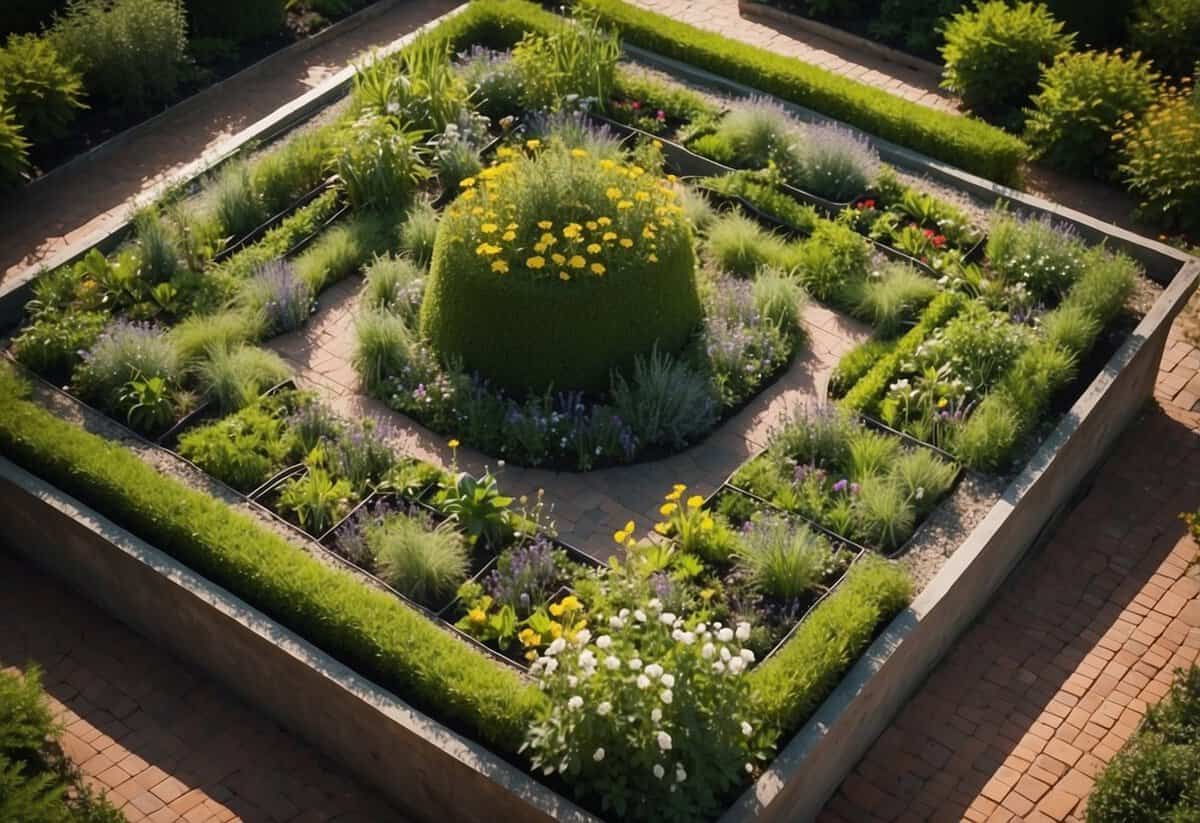 A square garden with herb spirals rising from the center, surrounded by neatly arranged beds of various herbs and flowers