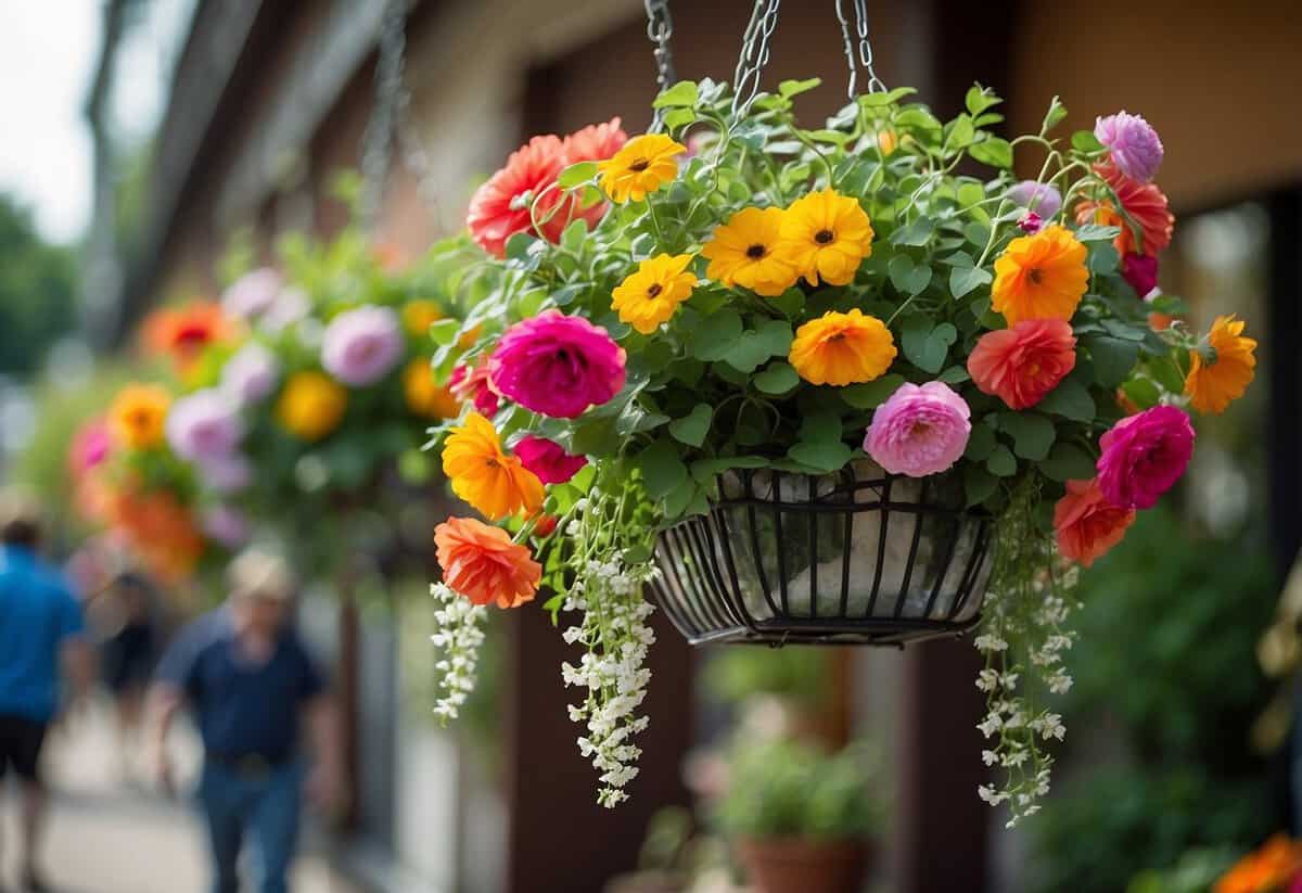 Colorful hanging baskets adorn a square garden, filled with vibrant flowers and cascading greenery, creating a beautiful and lively display