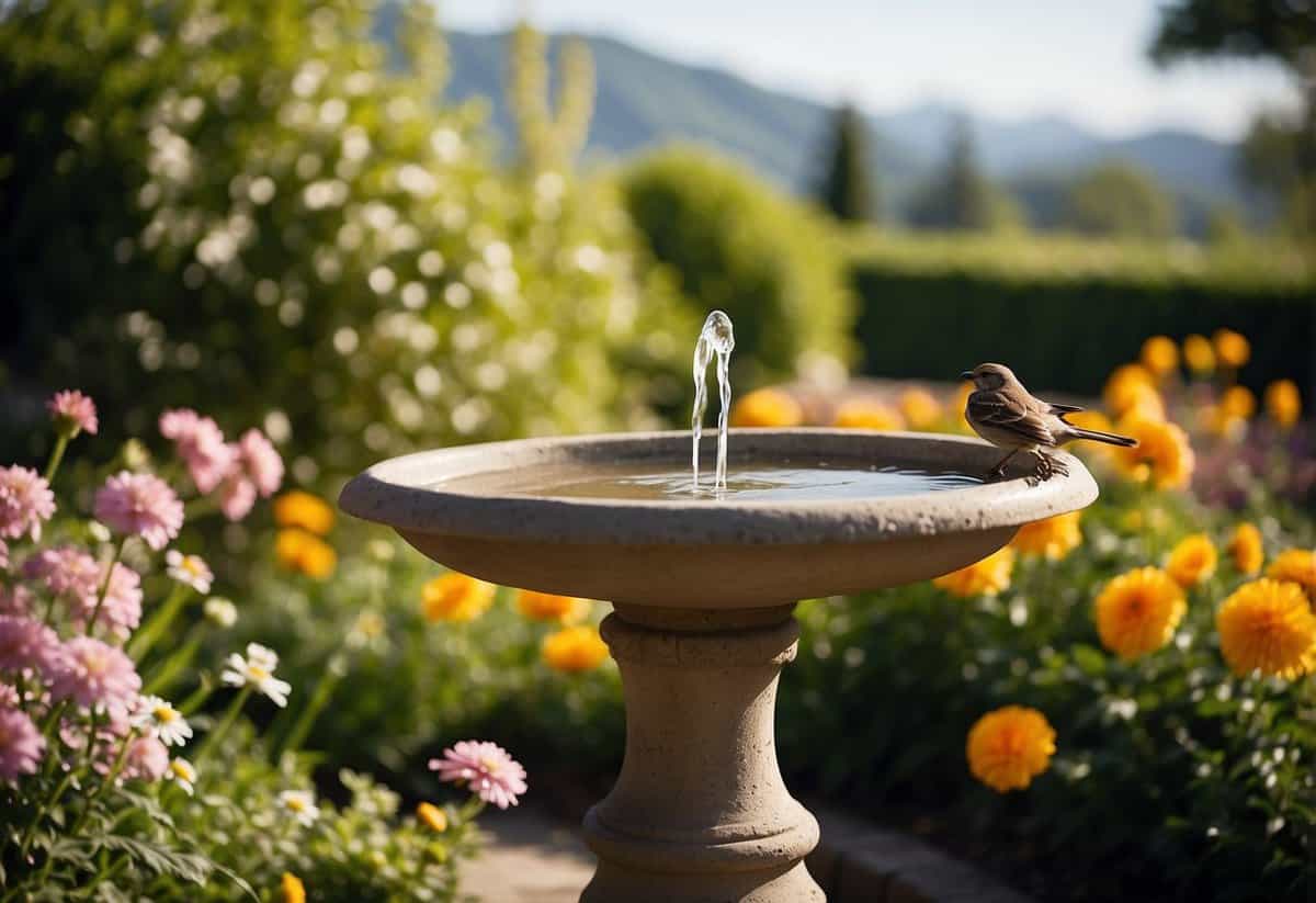 A birdbath surrounded by blooming flowers and greenery, with a small pathway leading to it. Sunshine and birds in the background