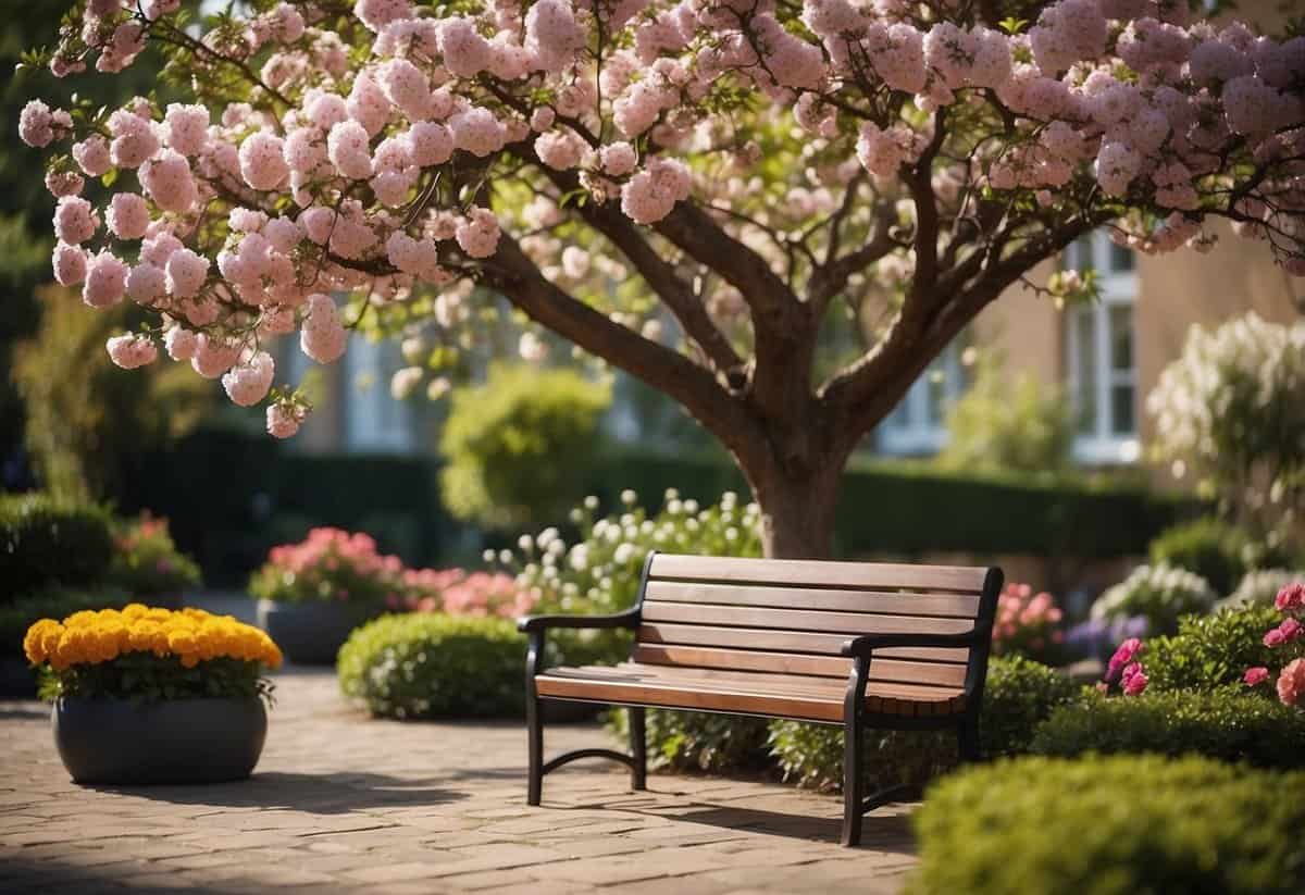 A cushioned bench under a blooming tree, surrounded by potted plants and colorful flowers, with a small table for tea or books