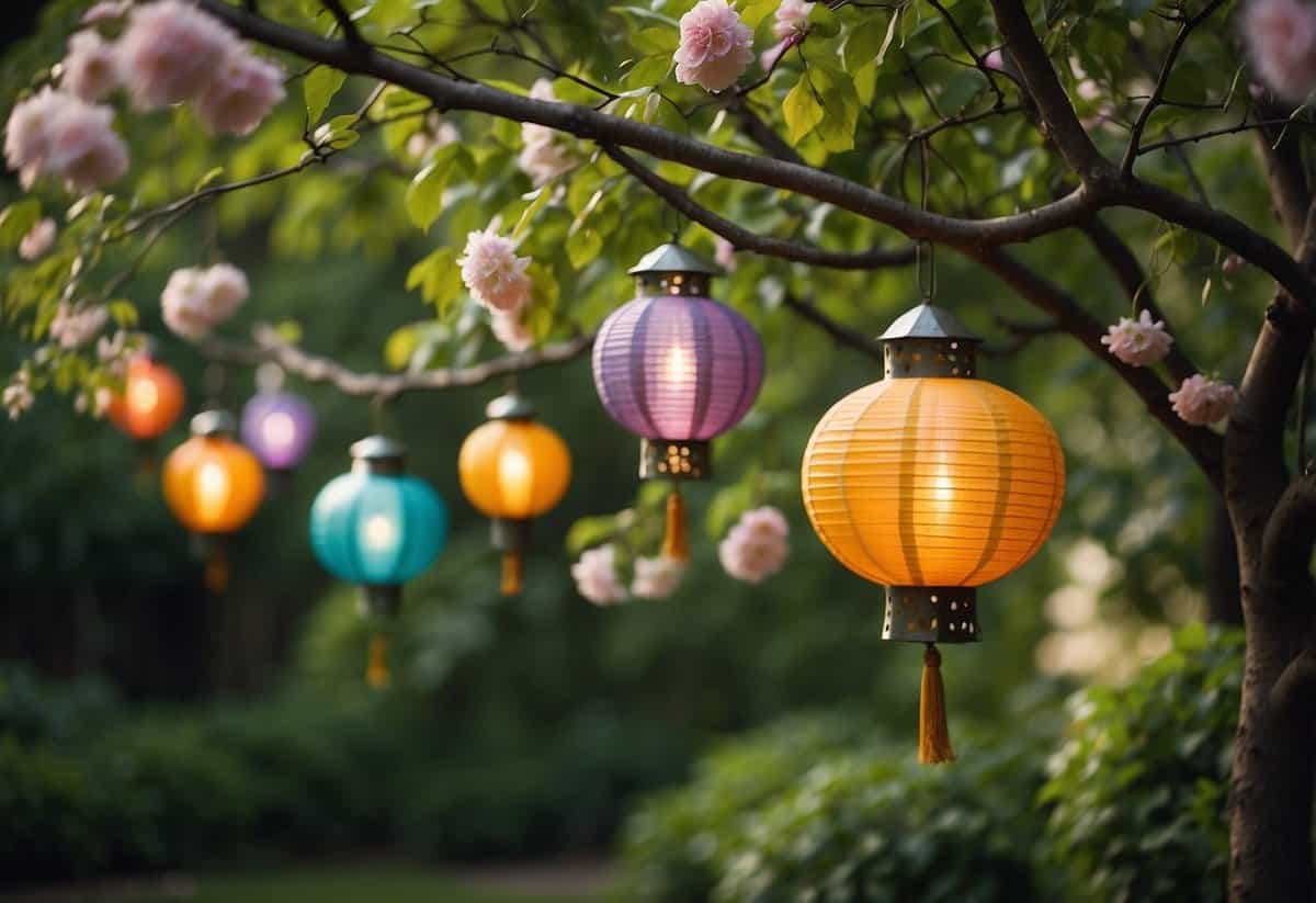 Colorful lanterns hang from tree branches in a lush garden, casting a warm glow among blooming flowers and green foliage