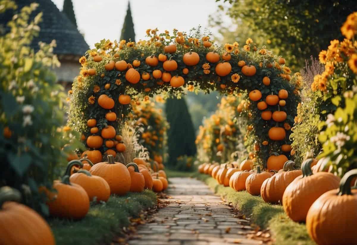 A whimsical pumpkin arch frames a garden path, with vines and flowers intertwining with the pumpkins, creating a magical fairy tale atmosphere