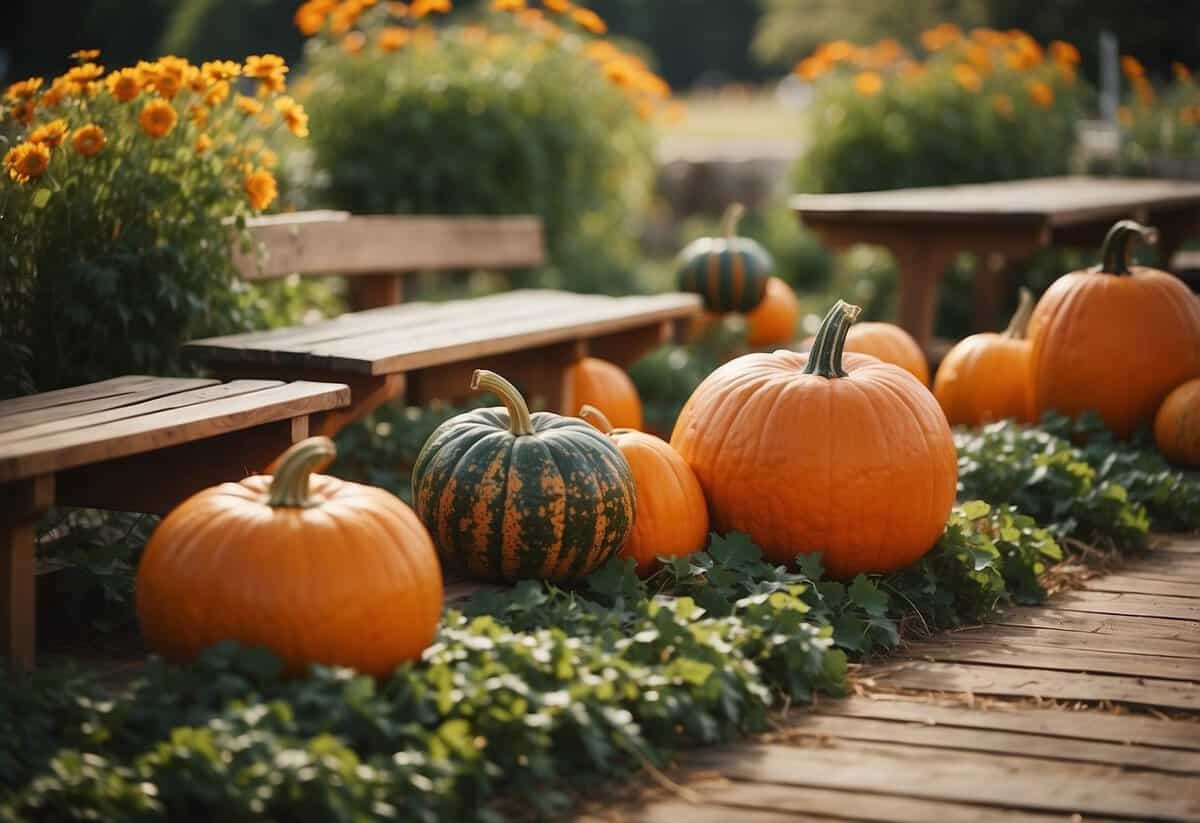 A cozy seating area nestled in a vibrant pumpkin patch, with wooden benches surrounded by lush greenery and colorful pumpkins