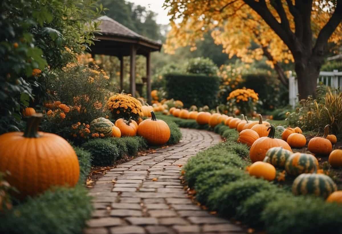 A winding path lined with vibrant pumpkins and aromatic spices leads through a lush garden, creating a cozy and inviting atmosphere