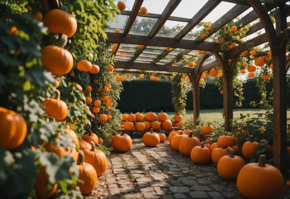 A pergola covered in pumpkins provides shade in a lush garden