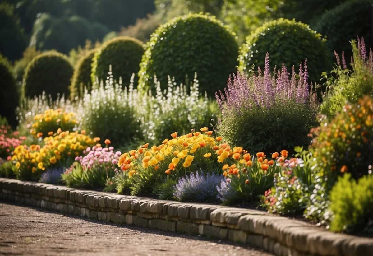 Colorful raised flower beds bloom in a spacious UK garden, surrounded by lush greenery and neatly trimmed hedges