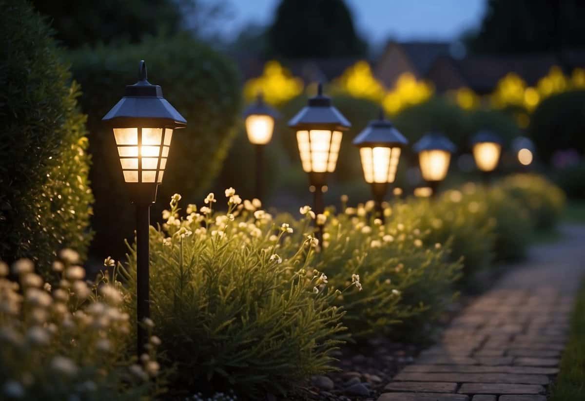 A large garden in the UK is illuminated by solar garden lights, casting a warm and inviting glow over the landscape