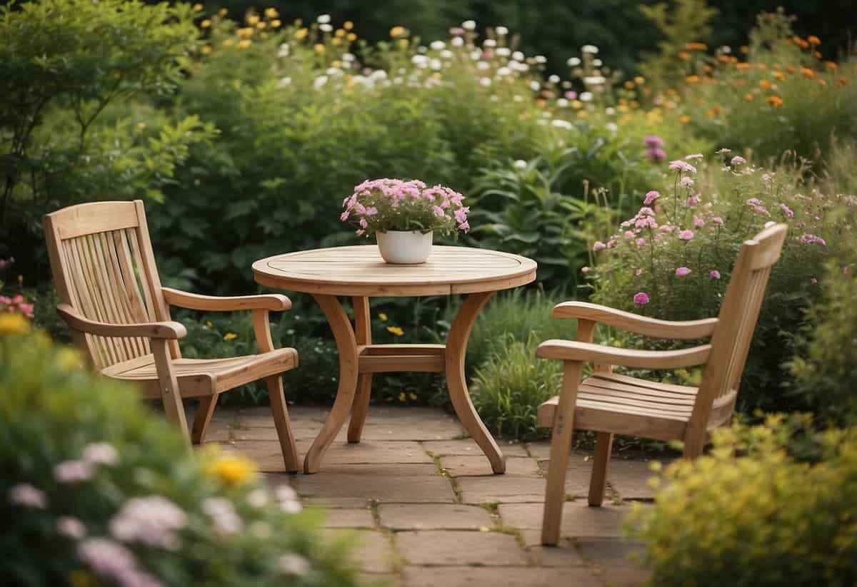 A wooden garden table and chairs sit in a spacious UK garden, surrounded by lush greenery and blooming flowers