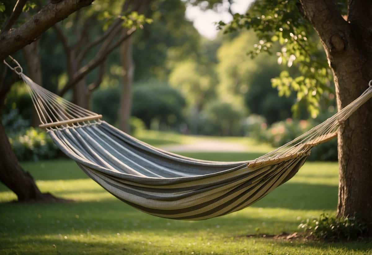 Two garden hammocks hang between towering trees in a lush, expansive garden, offering a serene and inviting place to relax and enjoy the natural surroundings