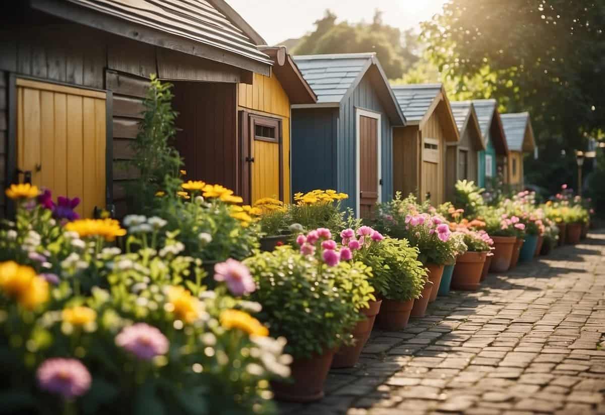 A row of garden sheds nestled among lush greenery, with colorful flowers and potted plants adorning the area. The sun shines down, casting a warm glow over the peaceful scene