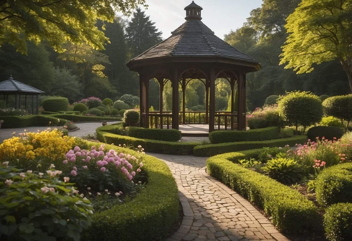 A sprawling garden with manicured hedges, colorful flower beds, and winding pathways. A gazebo sits at the center, surrounded by lush greenery and a tranquil pond