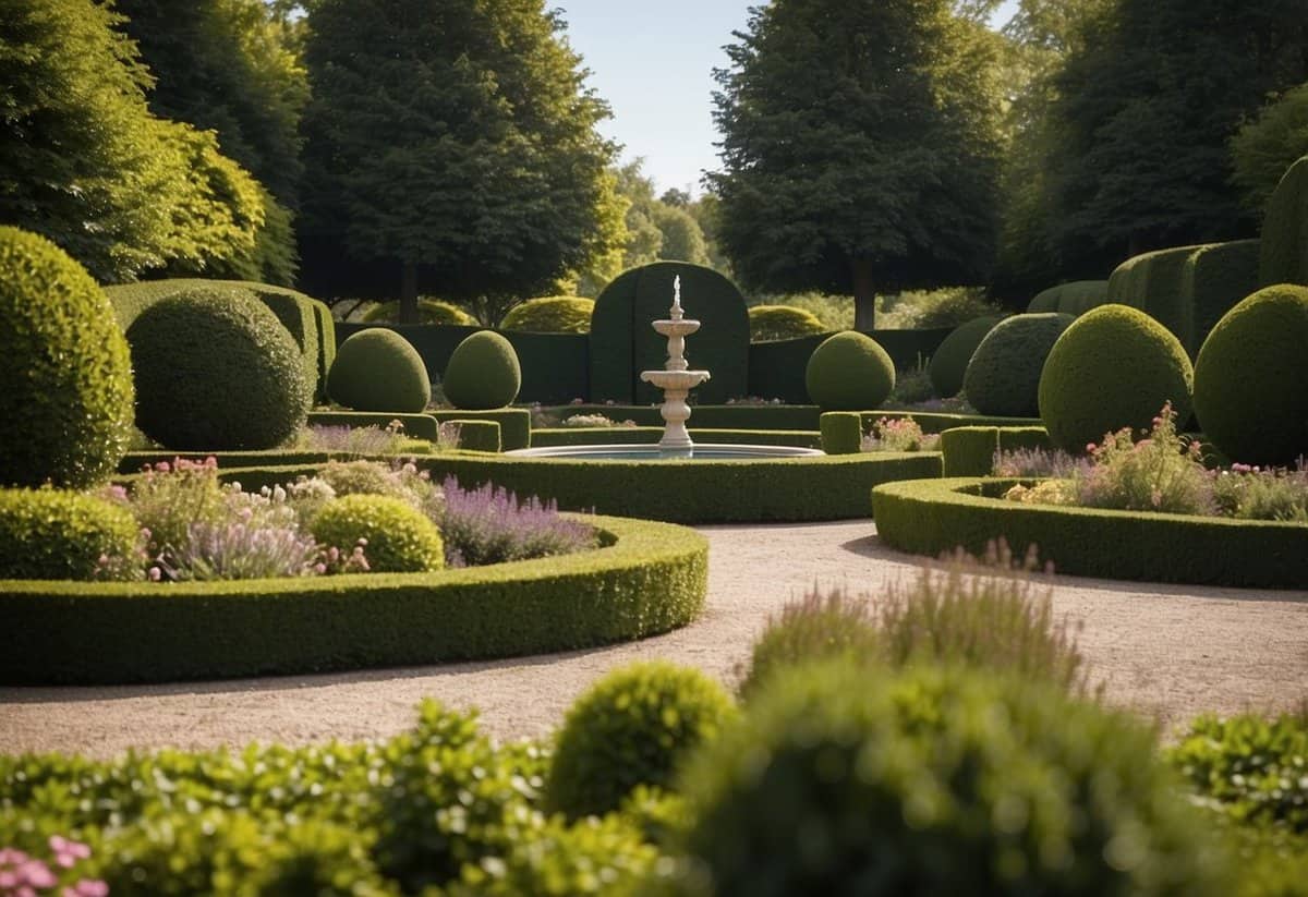 A spacious garden with manicured flower beds, winding pathways, and a central focal point, such as a fountain or sculpture. Surrounding the garden are tall hedges or fences for privacy