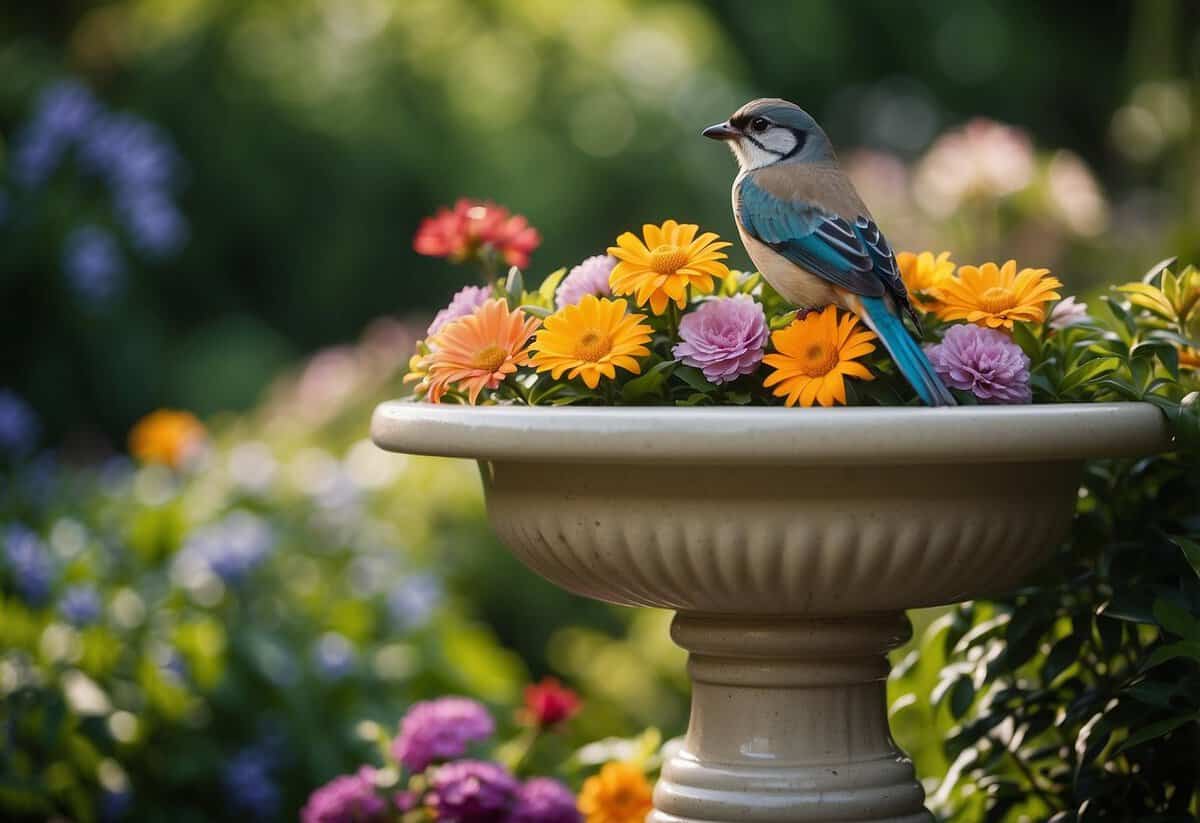 A tiered ceramic bird bath surrounded by lush greenery and colorful flowers in a peaceful garden setting