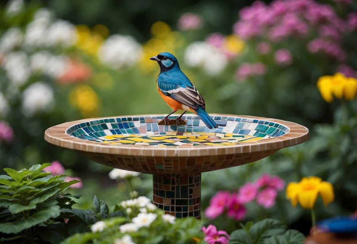 A colorful mosaic bird bath sits in a lush garden, surrounded by blooming flowers and chirping birds