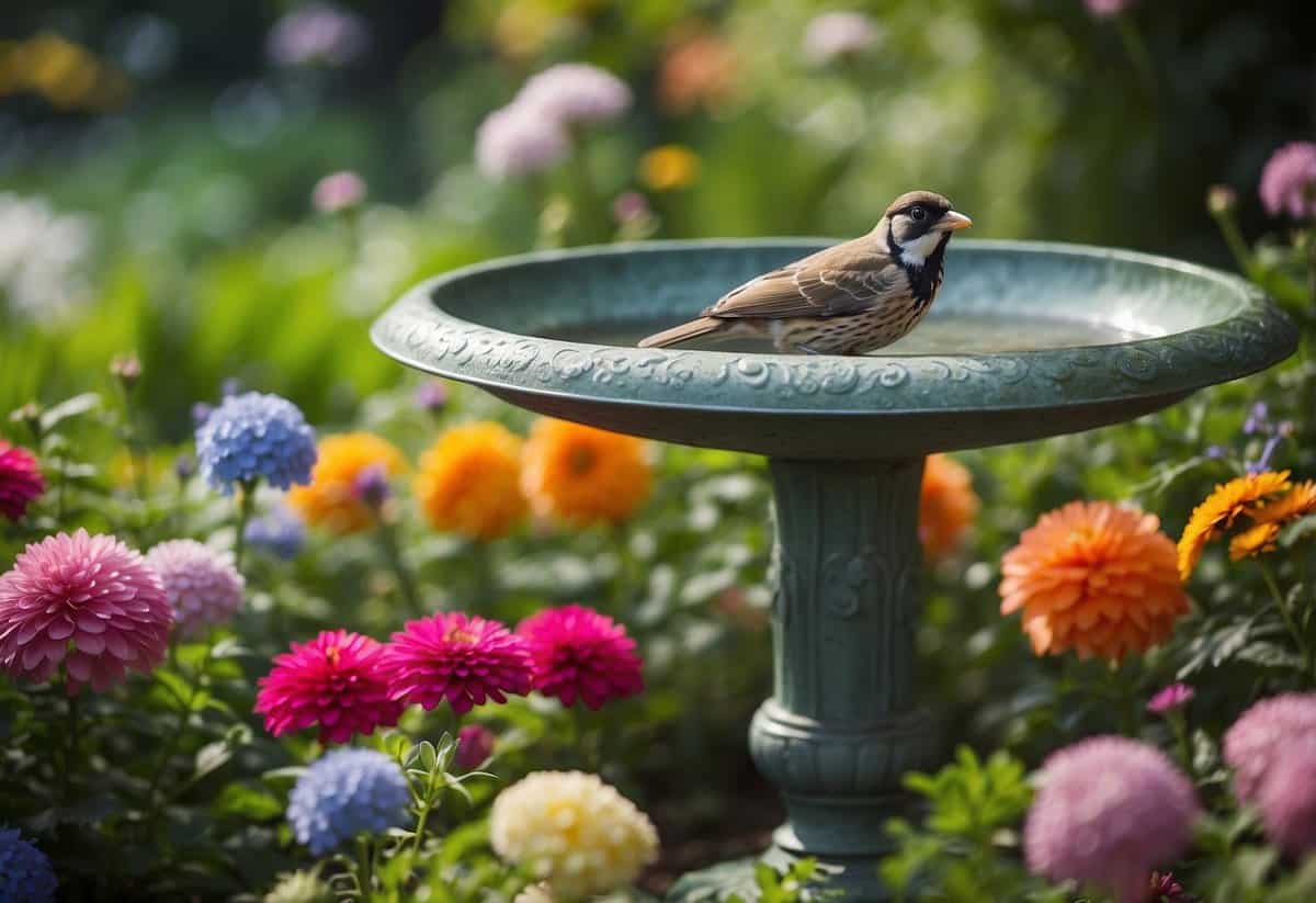 A repurposed metal bird bath sits among a lush garden, adorned with colorful flowers and surrounded by fluttering birds