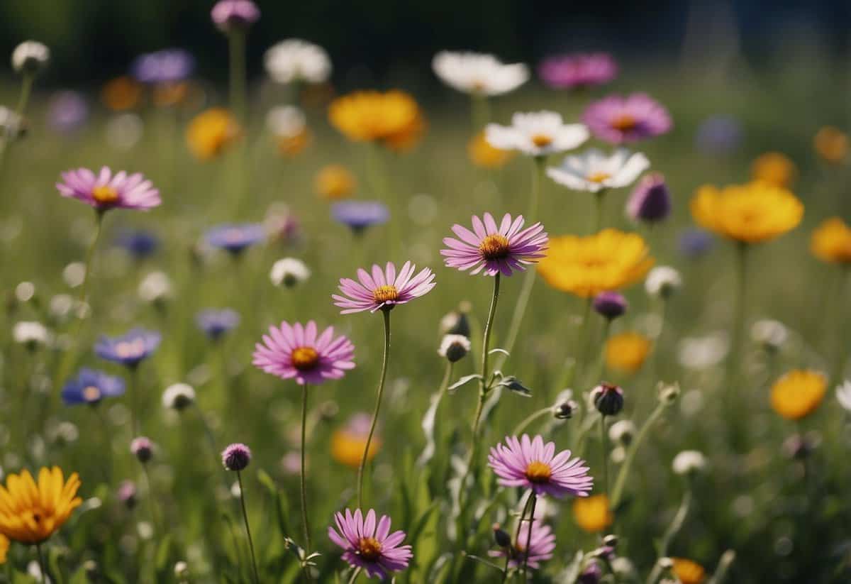 A colorful wildflower meadow blooms in a front garden, with a variety of flowers swaying in the breeze