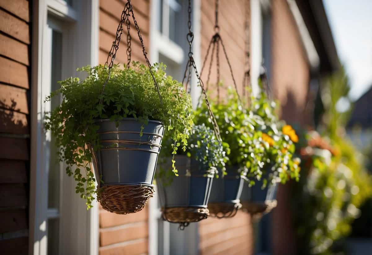 Several hanging plant baskets adorn the front garden, adding a touch of greenery and color to the outdoor space