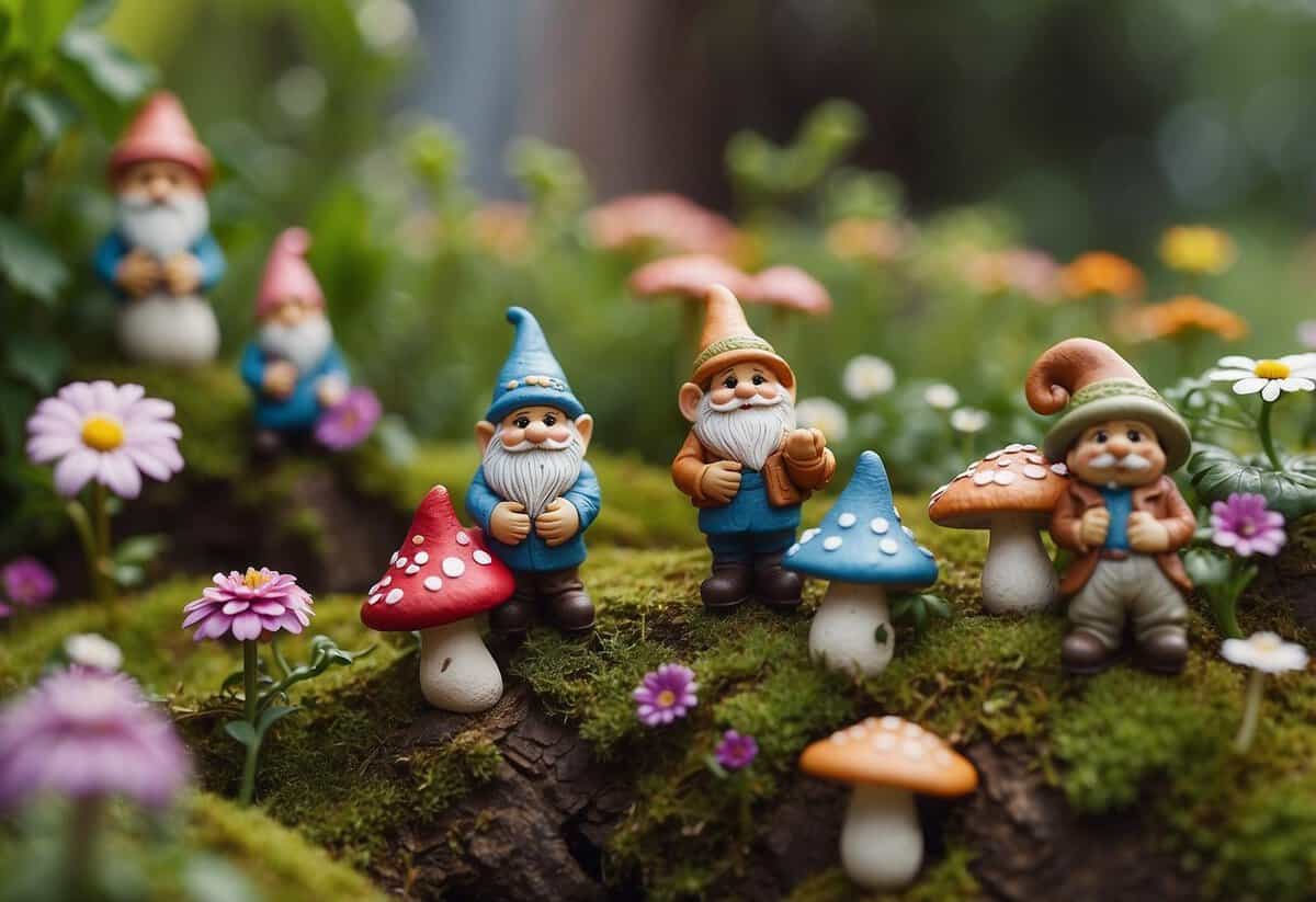 A quaint village of garden gnomes surrounded by colorful flowers, winding pathways, and whimsical mushroom houses