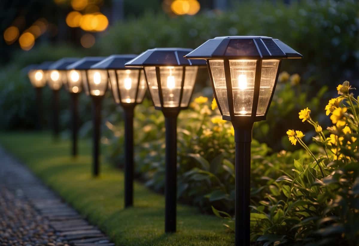 A row of solar-powered garden lights illuminates a well-manicured front garden, casting a warm glow on the surrounding plants and flowers