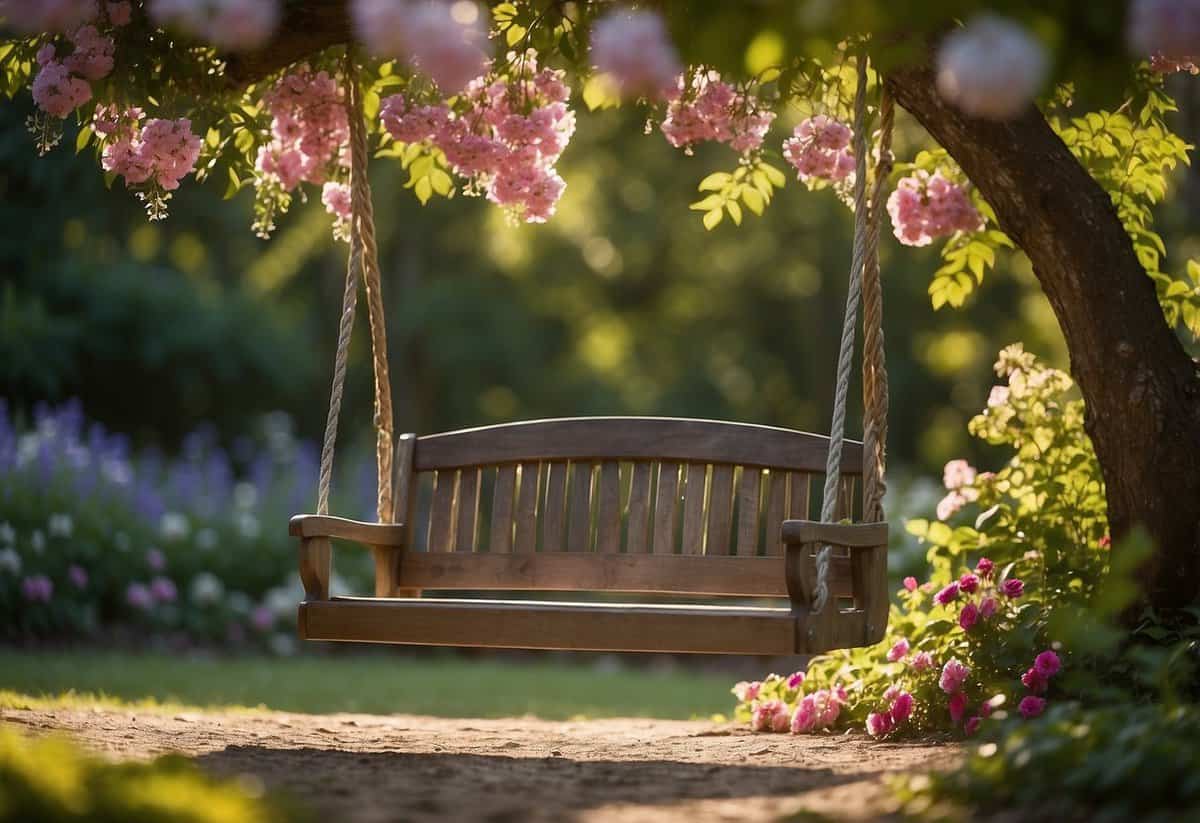 A garden swing bench sits under a blooming tree, surrounded by colorful flowers and lush greenery. The sun shines down, casting dappled shadows on the ground