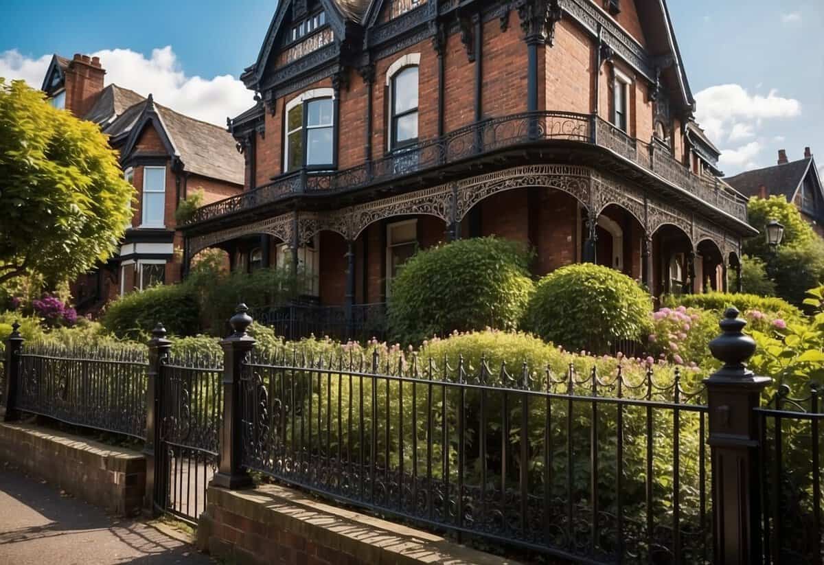 A Victorian house with ornate wrought iron fencing surrounding a lush front garden, featuring intricate designs and climbing vines