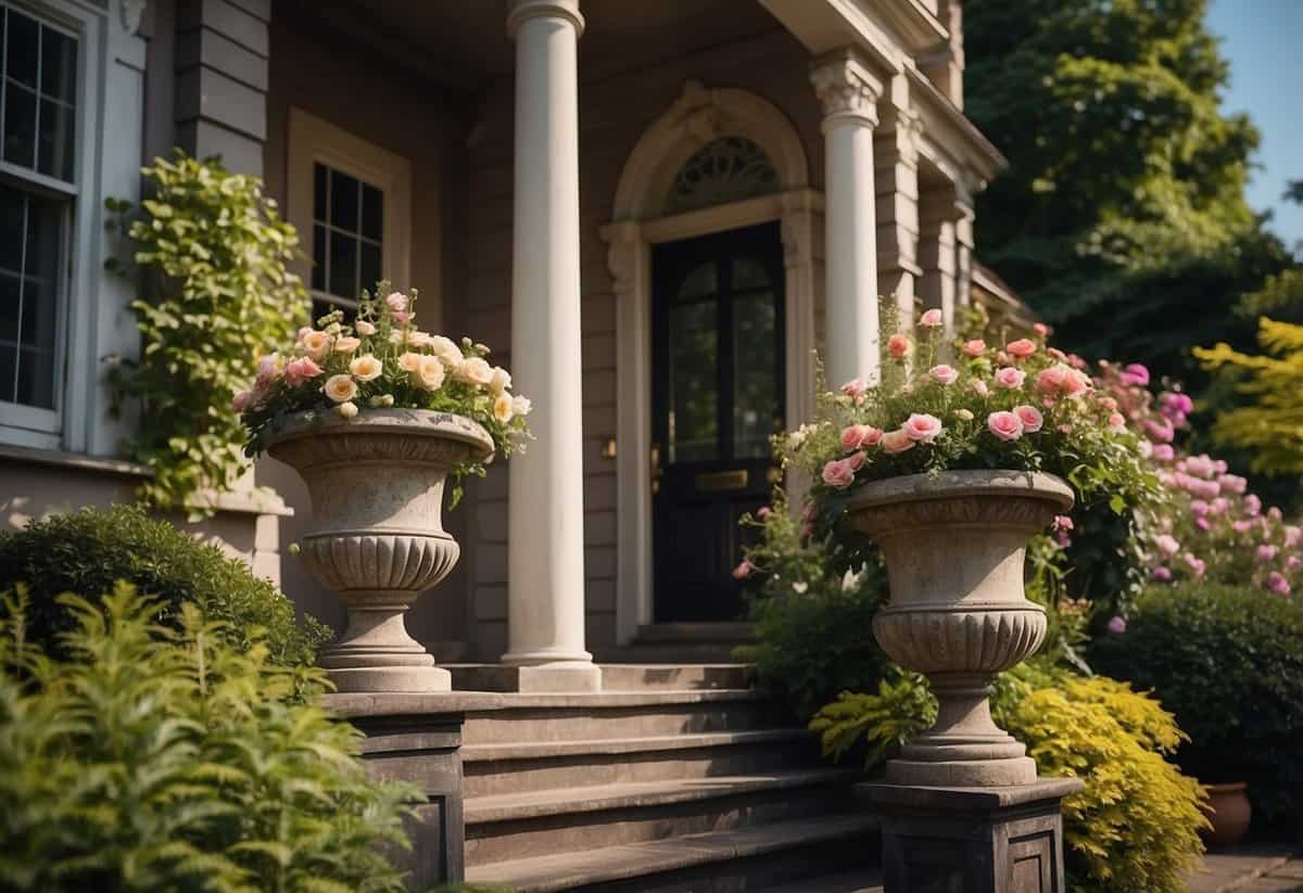 Two ornate antique garden urns flank the entrance of a Victorian house, surrounded by lush greenery and colorful flowers