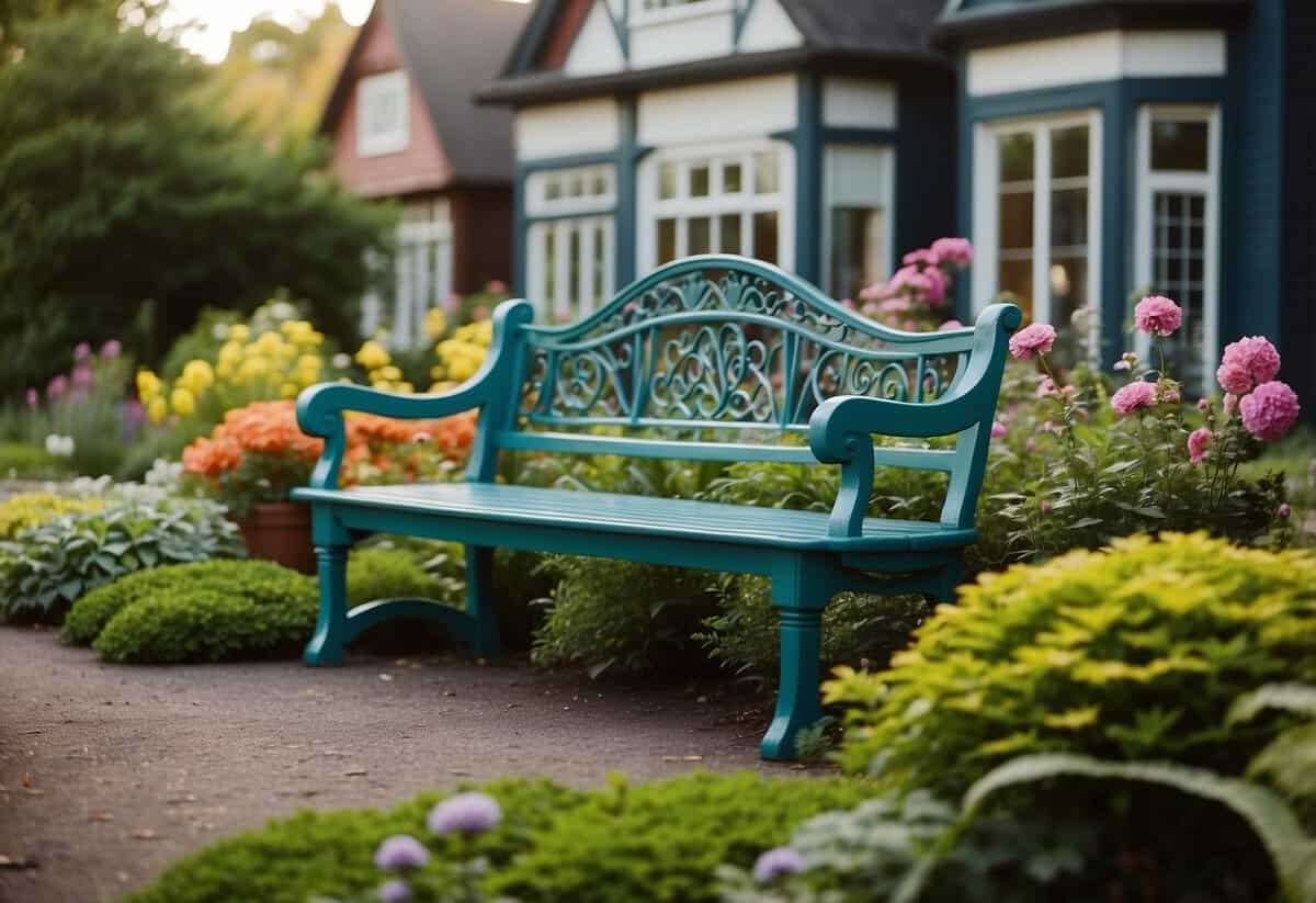 Victorian-style benches surrounded by lush, colorful garden beds in front of a charming Victorian house