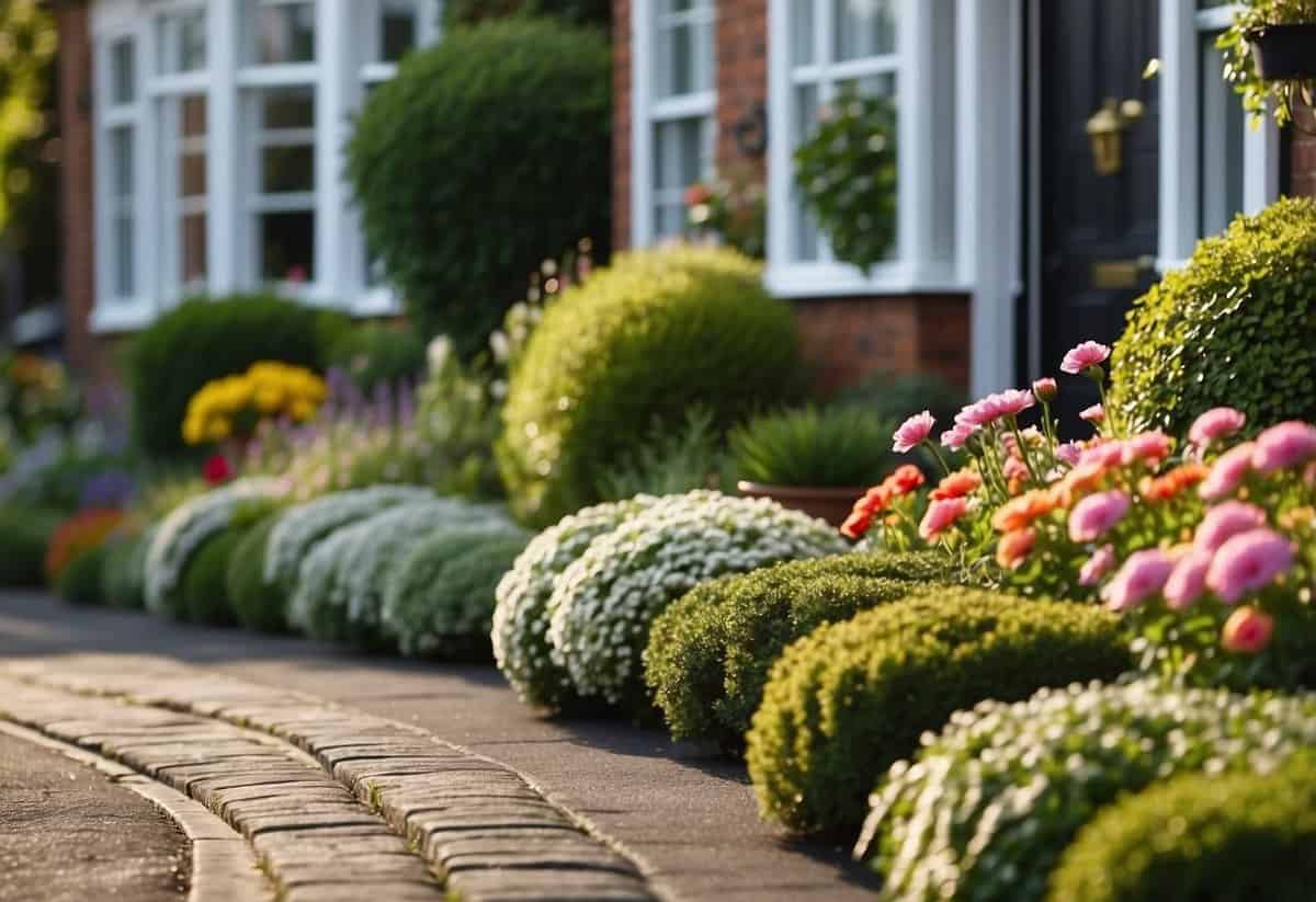 A winding cobblestone pathway leads through a lush front garden of a Victorian house, bordered by colorful flowers and trimmed hedges