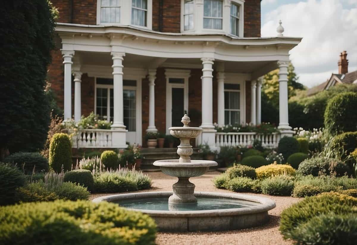 An elegant victorian house with ornate birdbaths in the front garden