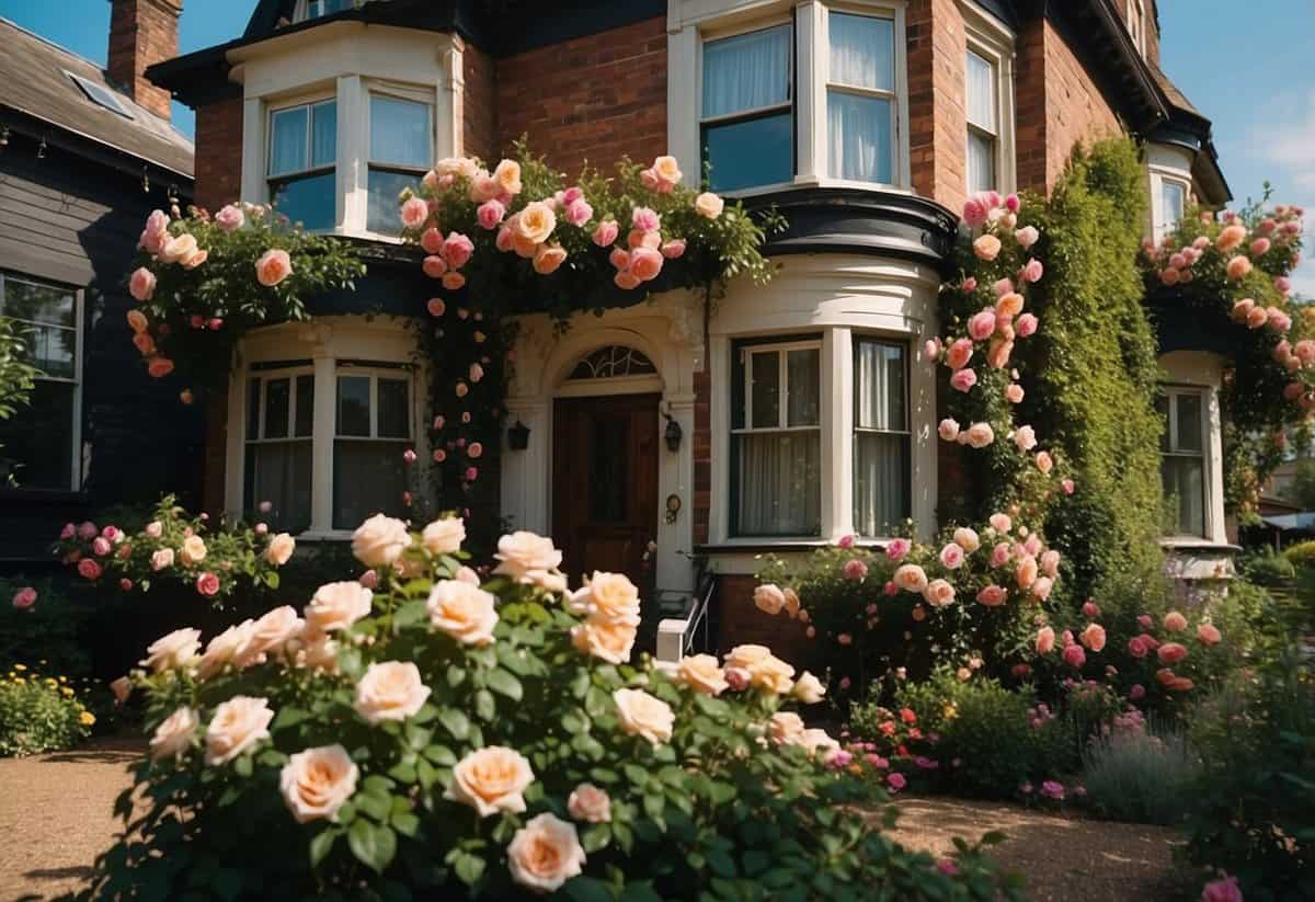 Lush, vibrant climbing roses adorn the front of a charming Victorian house, framing the windows and door with cascading blooms