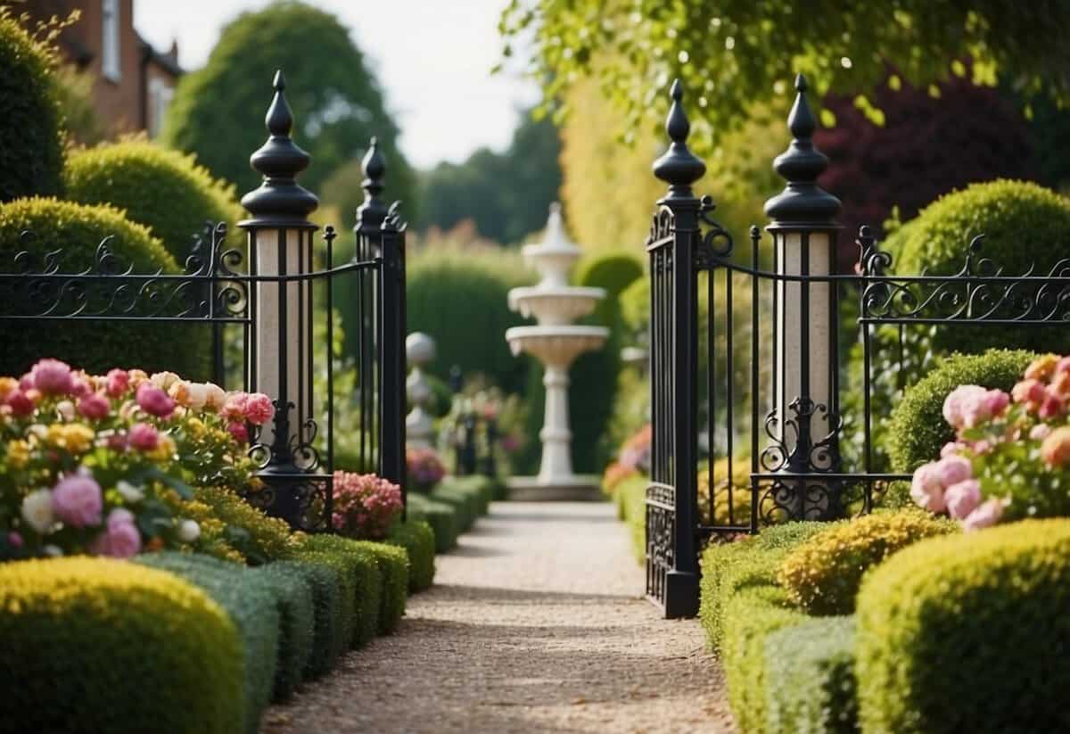 A Victorian front garden with a wrought iron gate, winding gravel path, colorful flower beds, and neatly trimmed hedges. Tall lampposts and a small fountain add to the classic charm