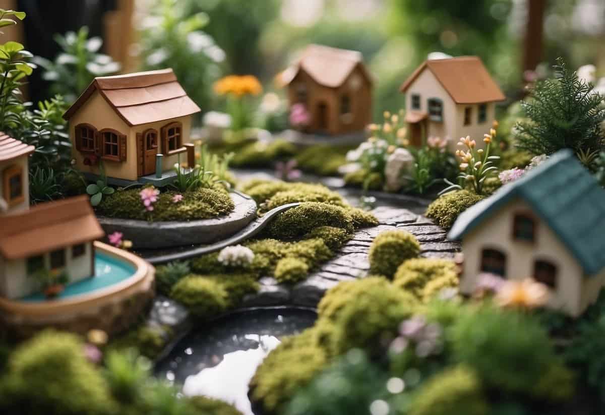 Lush greenery surrounds tiny houses and sparkling ponds in a whimsical fairy garden corner