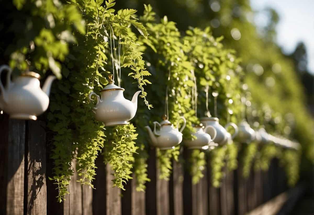 Lush greenery spills from teacups hanging on a garden fence, creating a whimsical and charming display