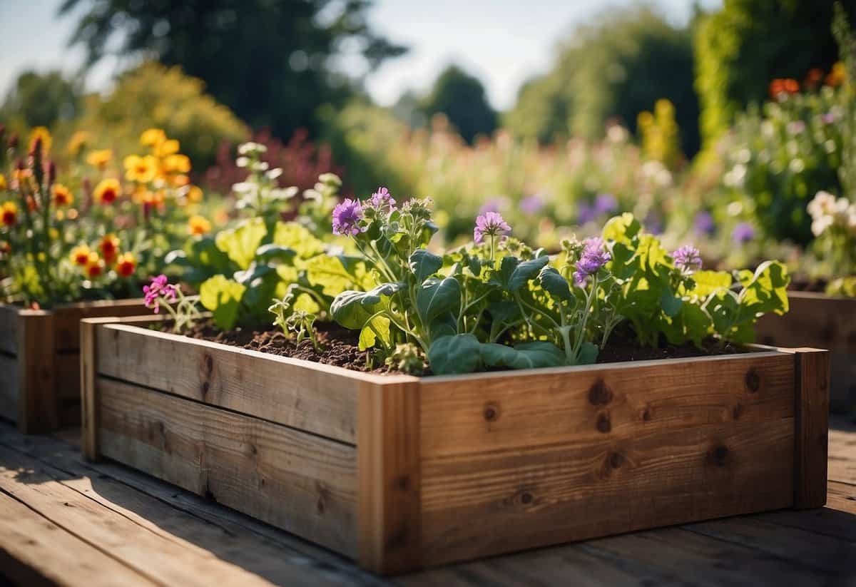 Reclaimed wood raised beds stand in a lush garden, surrounded by flowers and vegetables, under a bright blue sky