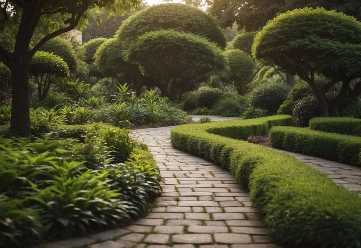 Lush greenery surrounds a winding path, leading to a central gathering space with natural seating and a focal point like a sculpture or water feature