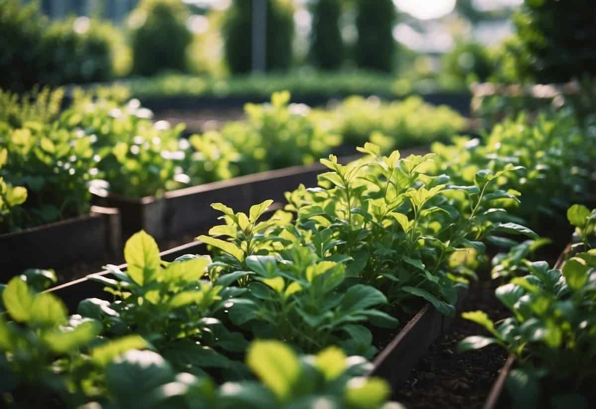 Lush green plants grow vertically in raised beds, creating a vibrant and thriving garden