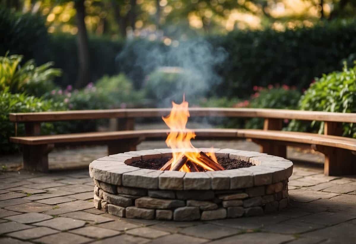 A stone fire pit surrounded by wooden benches in a lush garden setting