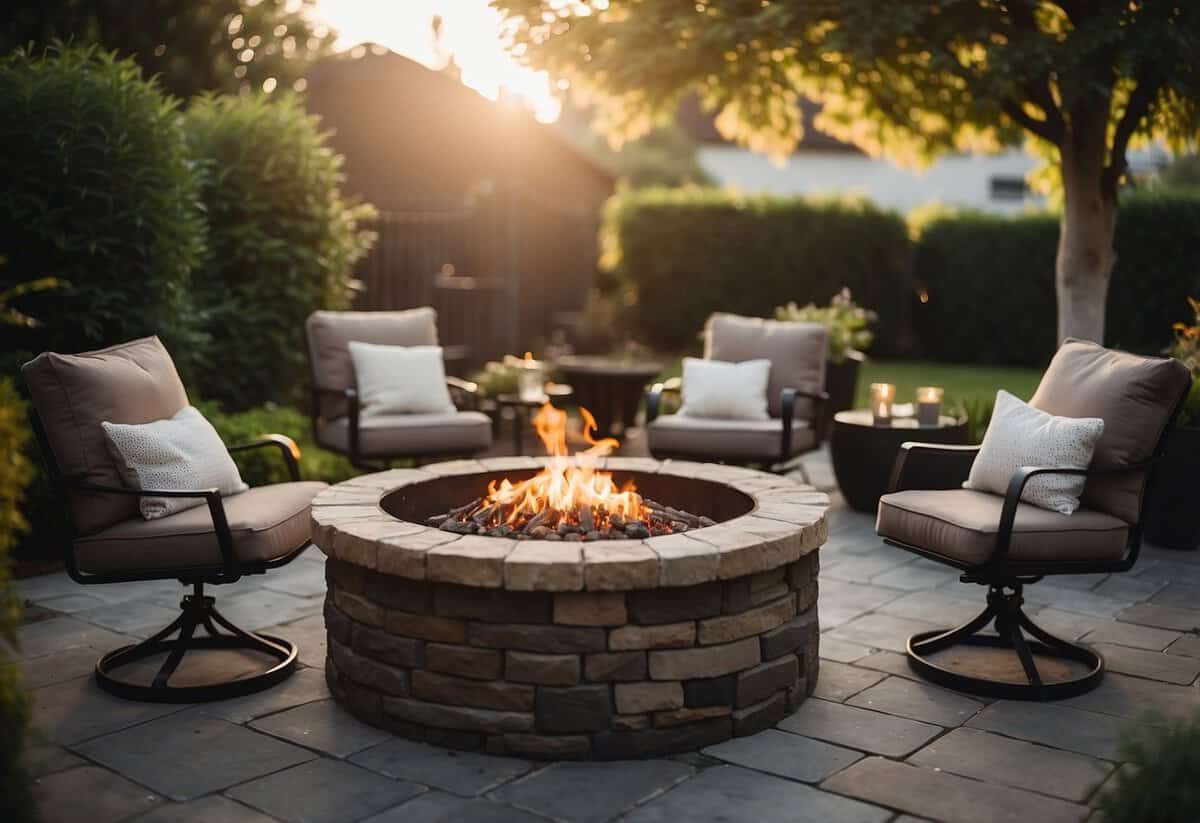 A fire pit table surrounded by seating in a cozy garden setting