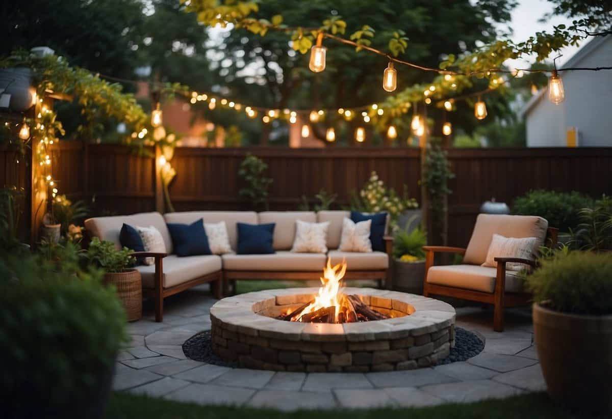 A cozy backyard with a stone fire pit surrounded by comfortable seating, surrounded by lush greenery and soft ambient lighting