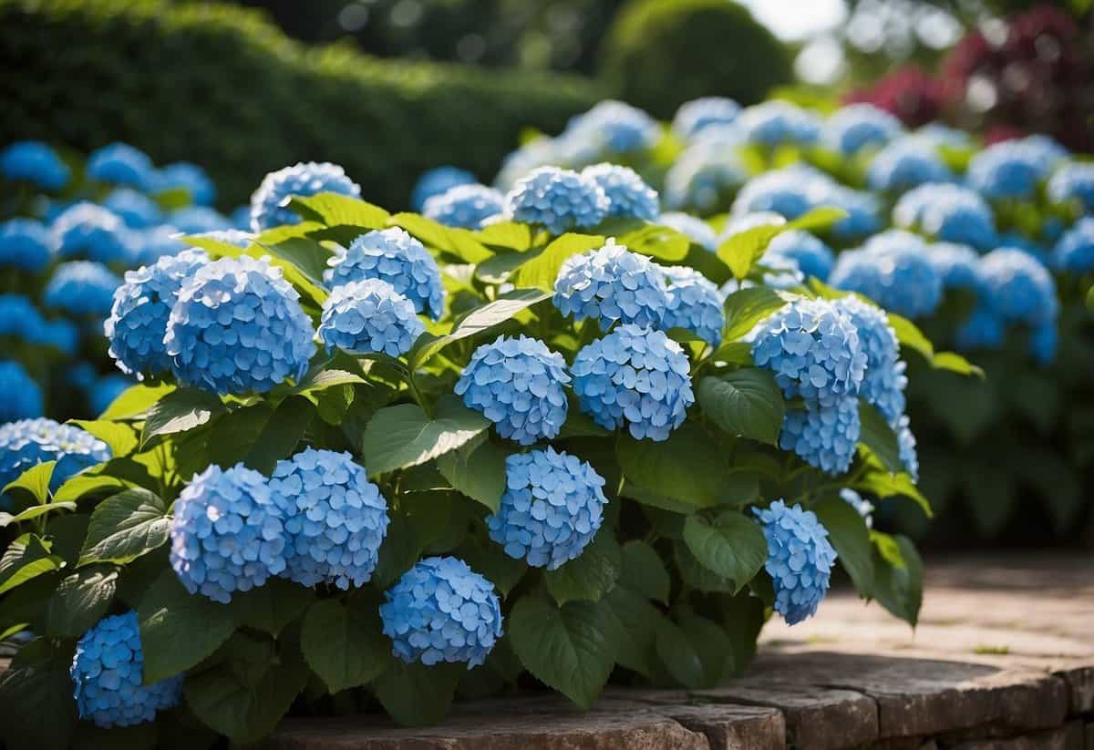 A lush garden filled with vibrant Blue Heaven Hydrangeas in full bloom, with a variety of garden ideas such as trellises, pathways, and seating areas