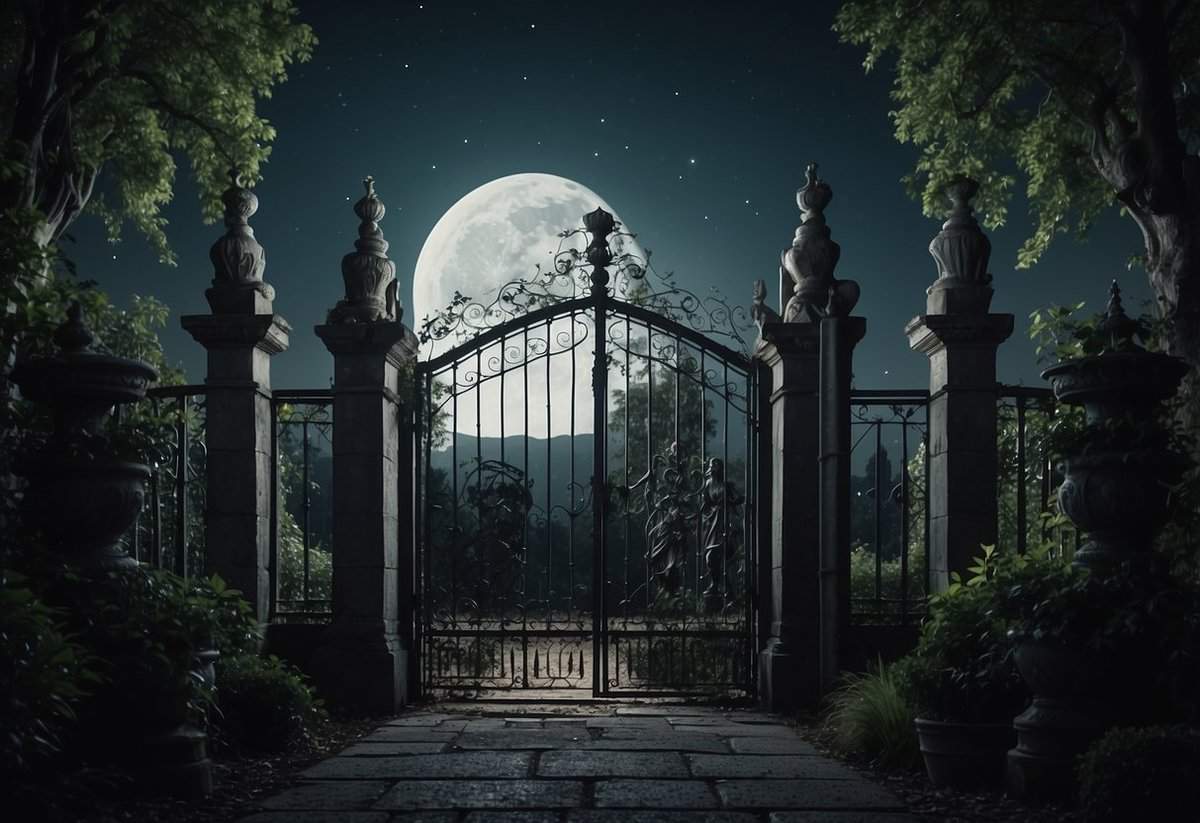 A gothic garden with overgrown vines, wrought iron gates, and eerie statues under the moonlight