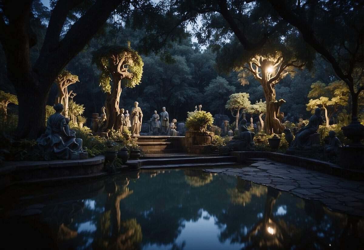 The moonlit garden is adorned with eerie statues and twisted trees, their shadows dancing across the dark water features